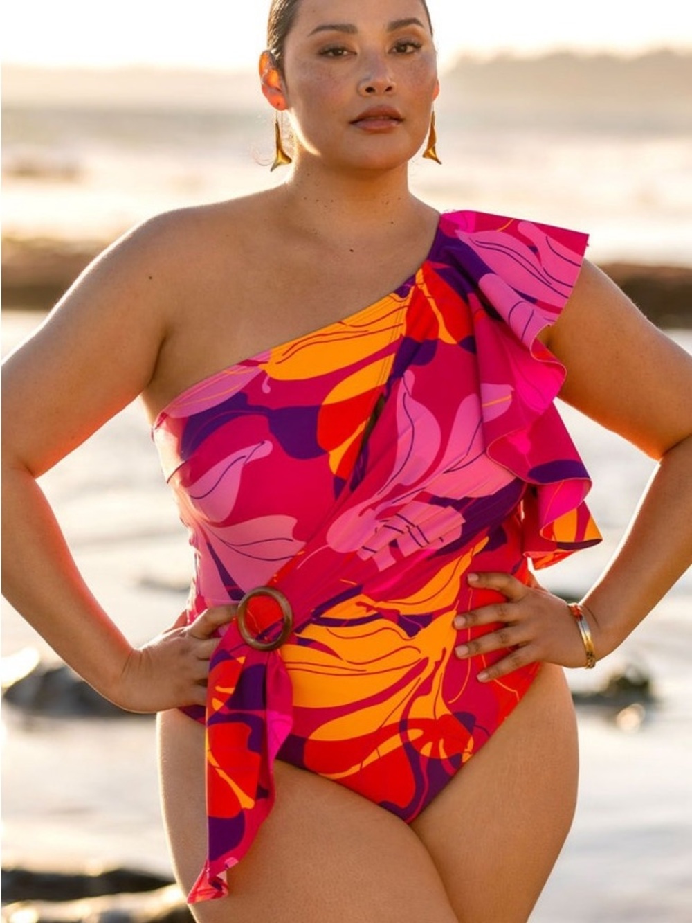Eloquii One-Piece Swimsuit Size 22 Ruffle One-Shoulder Cascade Hot Pink Floral